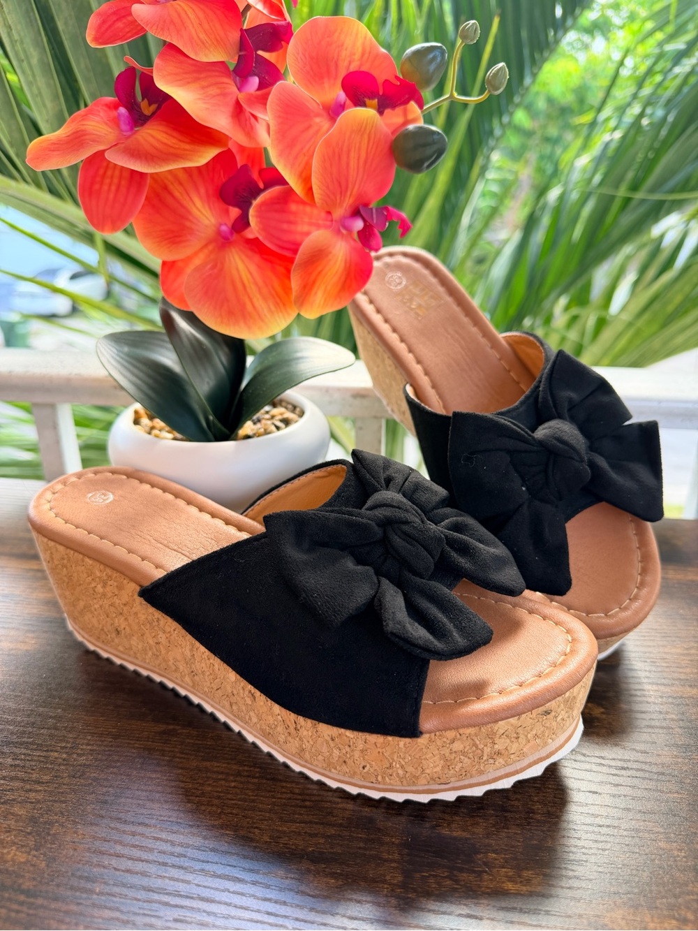 Black Bow Cork Wedge Slide Sandals - Women